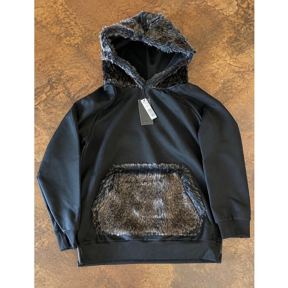 Riflessi Collection Faux Fur Zip Hoodie Jacket Black Women’s Medium NWT